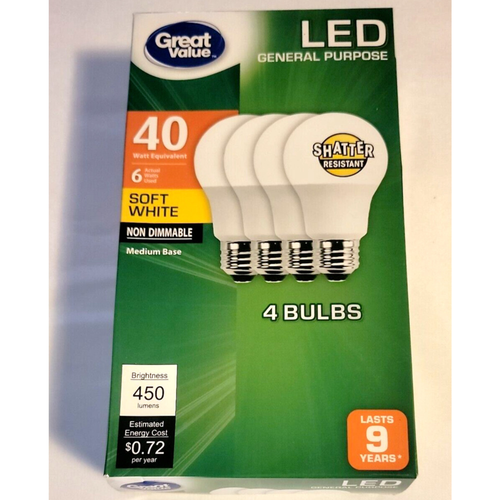 Great Value LED Light Bulb Medium Base Soft White Non Dimmable 6/40 Watt 4 pk
